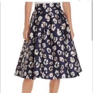 ELIZA J Navy Gold Metallic Print Flare Skirt Size 14 w/Hidden Zipper Pleated